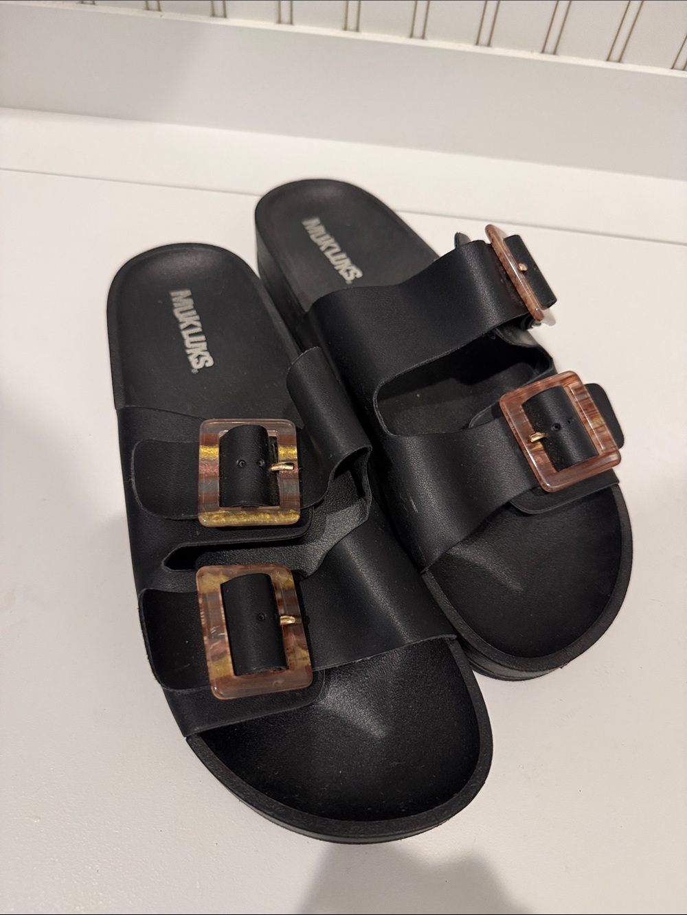 Muk Luks Black Slide Sandals with Tortoiseshell Buckles